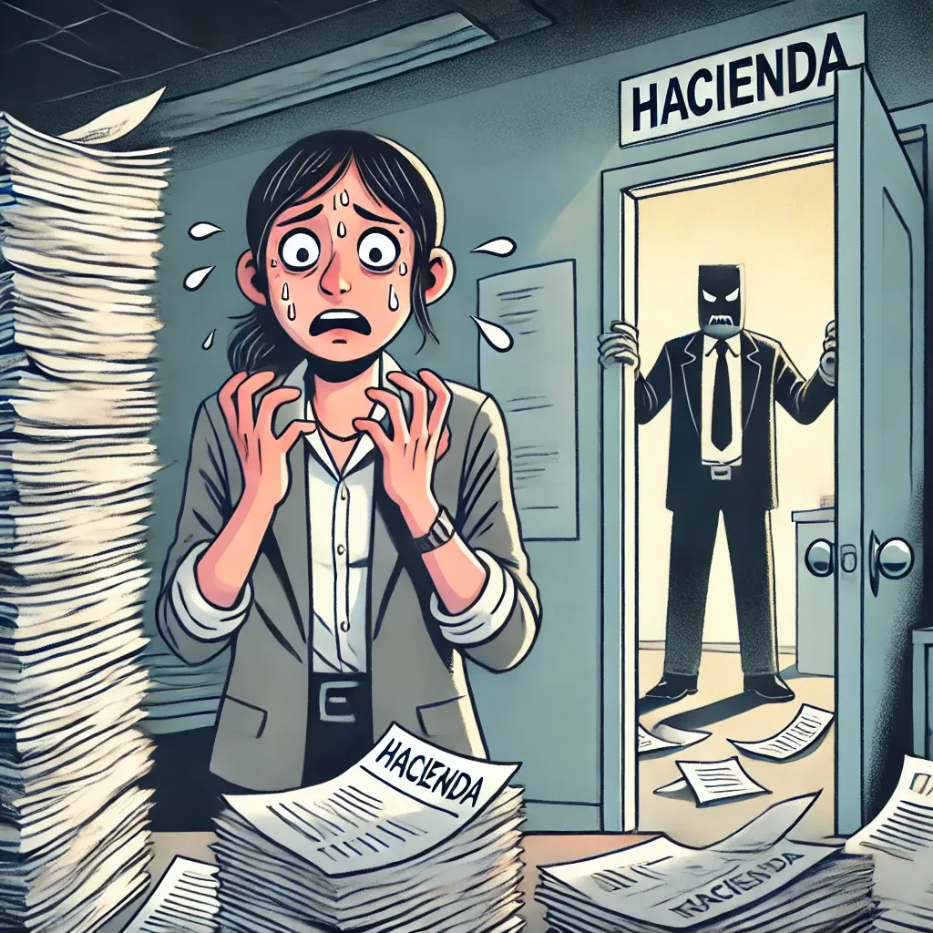 Empresaria con cara de susto frente a un montón de cartas de Hacienda, mientras Hacienda toca a la puerta.