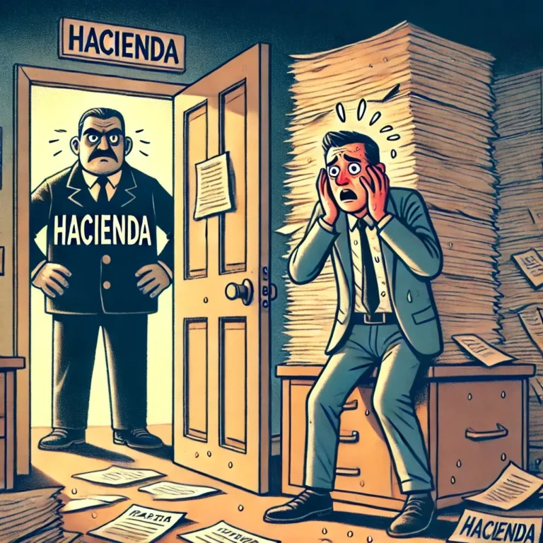 Empresario con cara de susto frente a un montón de cartas de Hacienda, mientras Hacienda toca a la puerta.