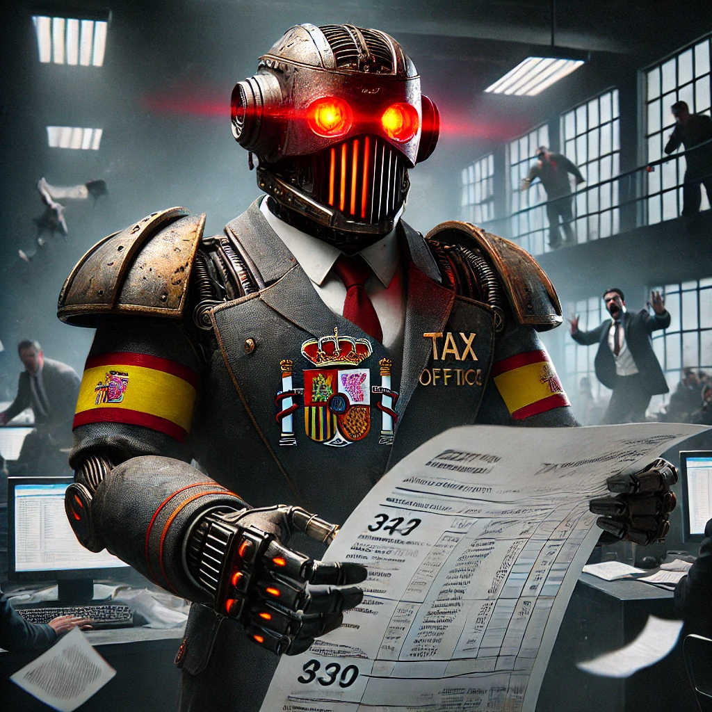 Robot estilo Terminator con uniforme de la Agencia Tributaria española rompiendo factura de papel ante autónomos asustados, simbolizando la transición a la facturación electrónica en España.