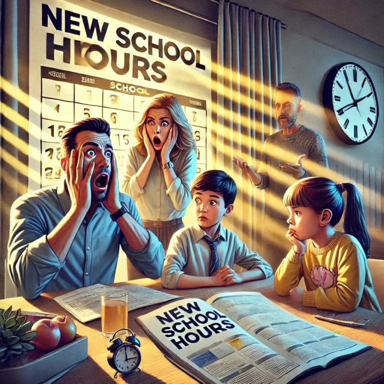 Padres sorprendidos y niños curiosos discutiendo el cambio de horario escolar en España alrededor de una mesa con un calendario.