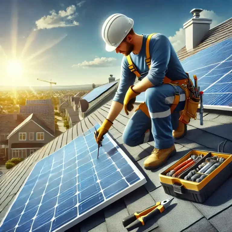 Técnico instalando paneles solares en el techo de una casa residencial.