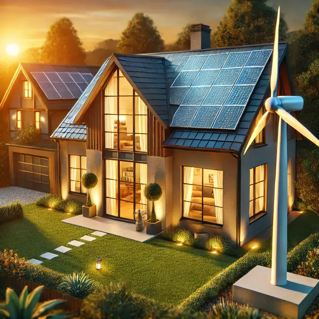 Casa eficiente energéticamente con paneles solares y una pequeña turbina eólica al atardecer.