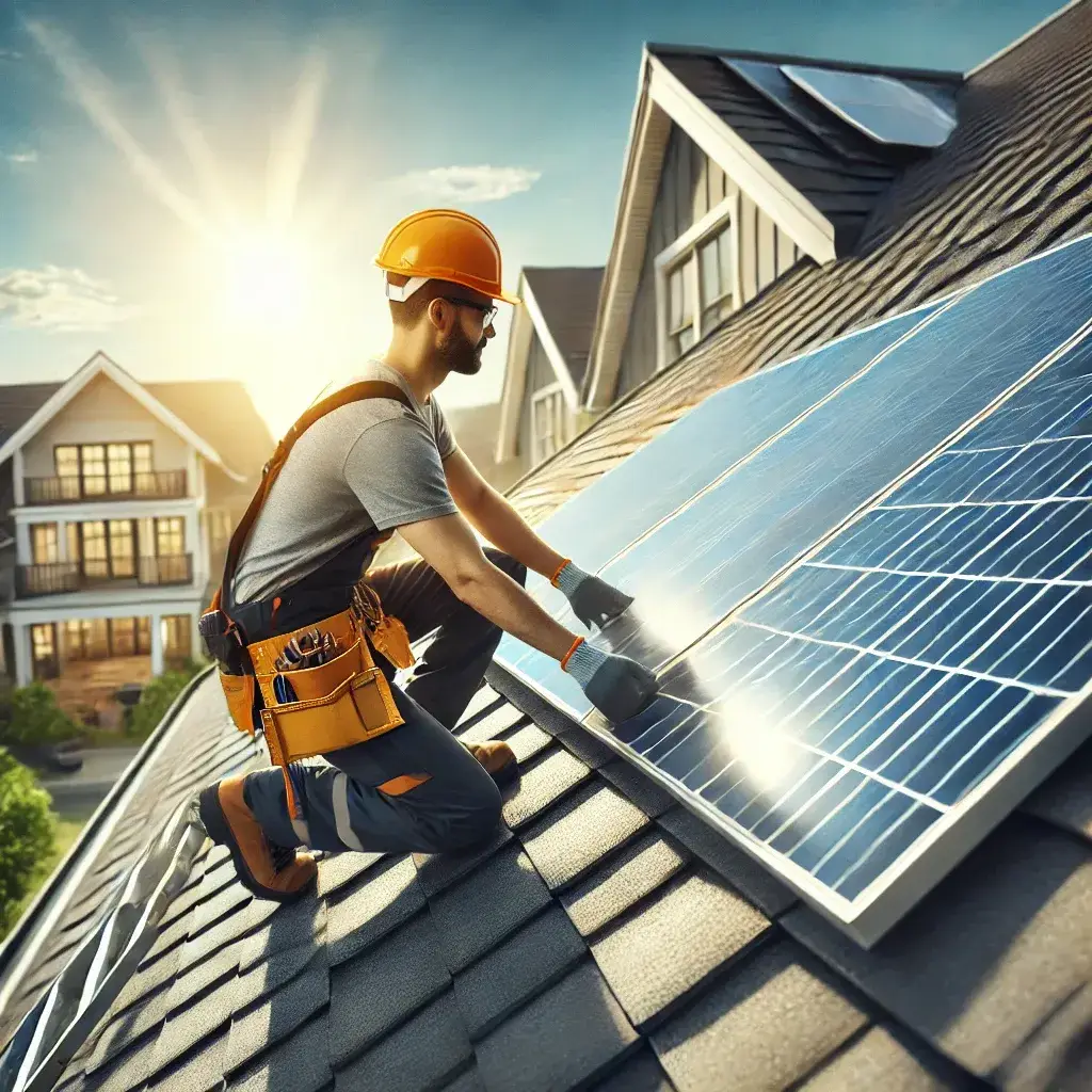 Técnico profesional instalando paneles solares en el techo de una casa moderna.