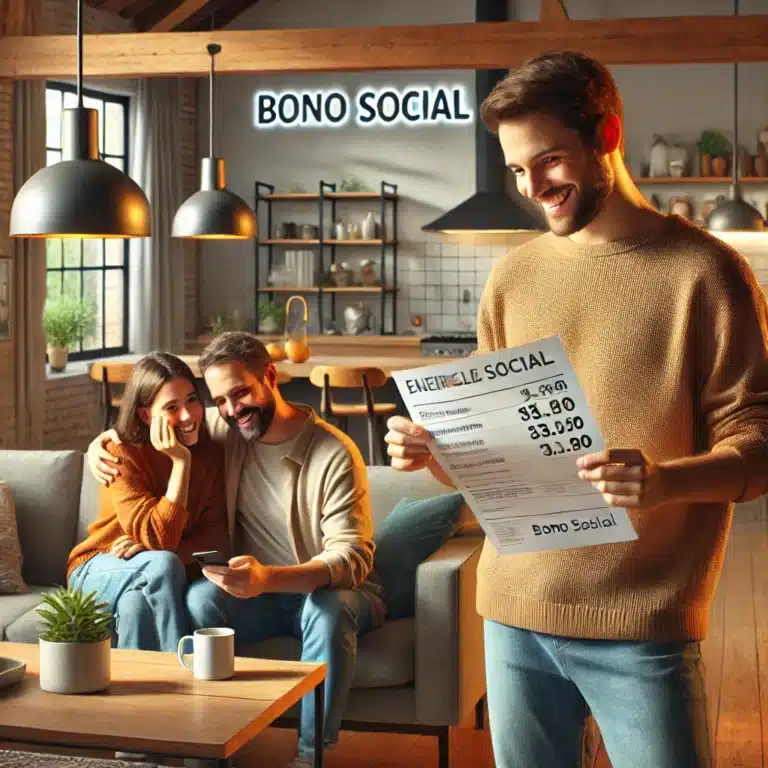 Familia en España revisando su factura de electricidad con alivio al ver los ahorros del Bono Social de Electricidad.