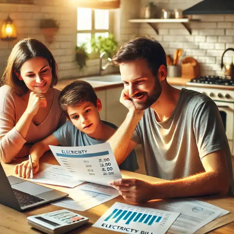 Familia en España revisando su factura de electricidad con satisfacción al notar los ahorros logrados