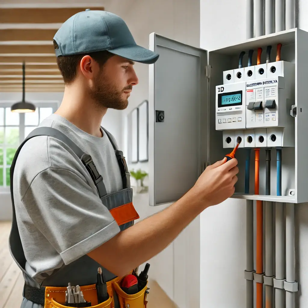 Técnico instalando un Interruptor Diferencial (ID) en el cuadro eléctrico de una vivienda.