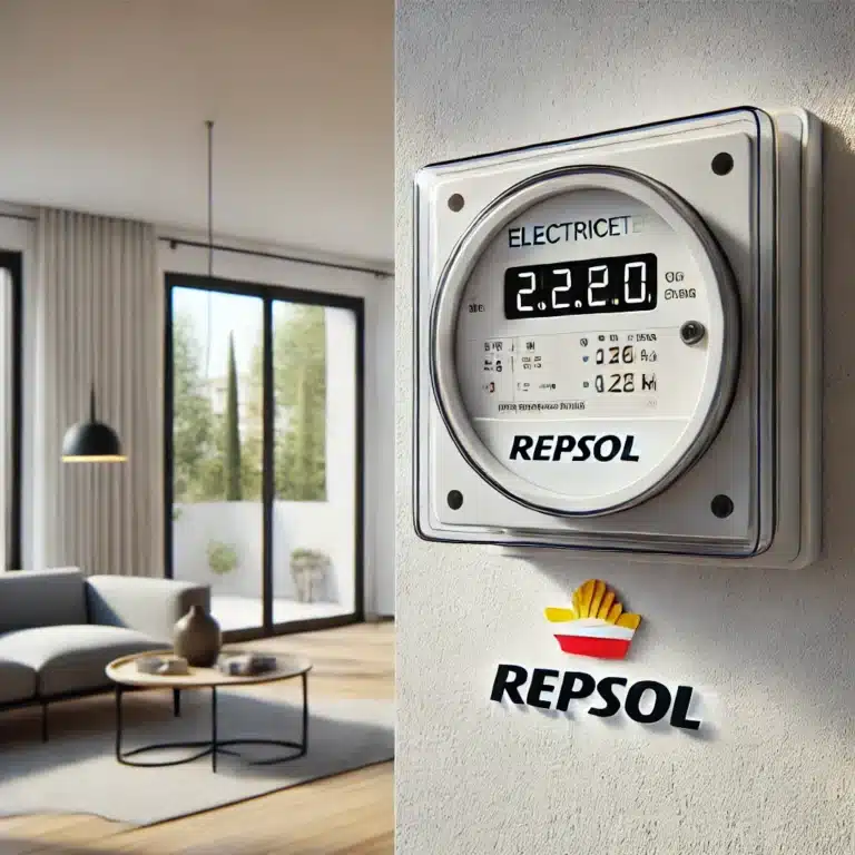 Repsol Luz, Contador eléctrico montado en la pared en un hogar moderno en España con branding de Repsol