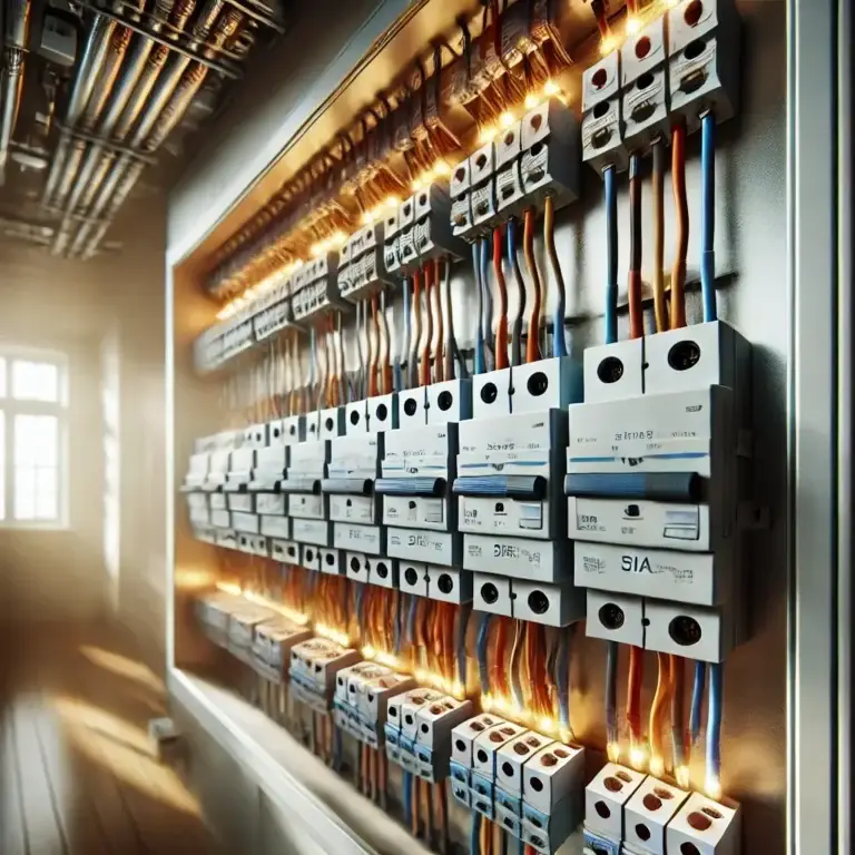 Cuadro eléctrico residencial con varios Pequeños Interruptores Automáticos (PIAs) visibles y cables bien organizados