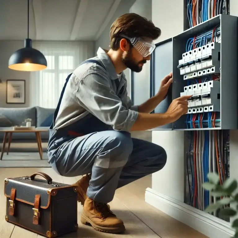 Electricista inspeccionando el panel eléctrico de una casa moderna, revisando el cableado para emitir el Boletín Eléctrico.