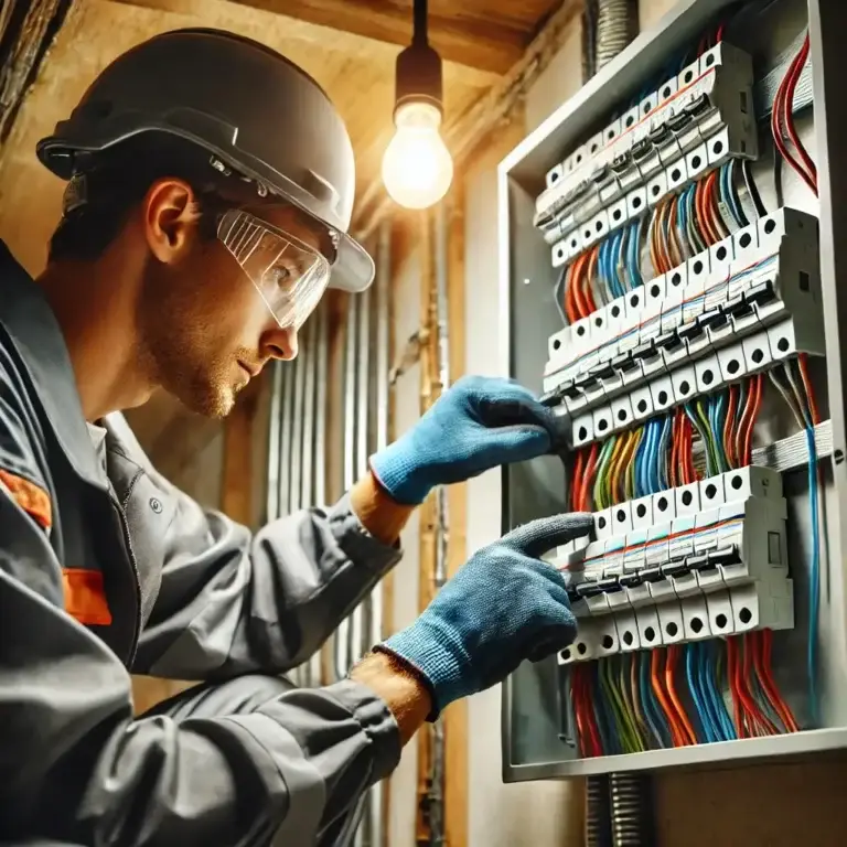 Electricista revisando un panel eléctrico residencial, asegurando la correcta instalación del cableado.