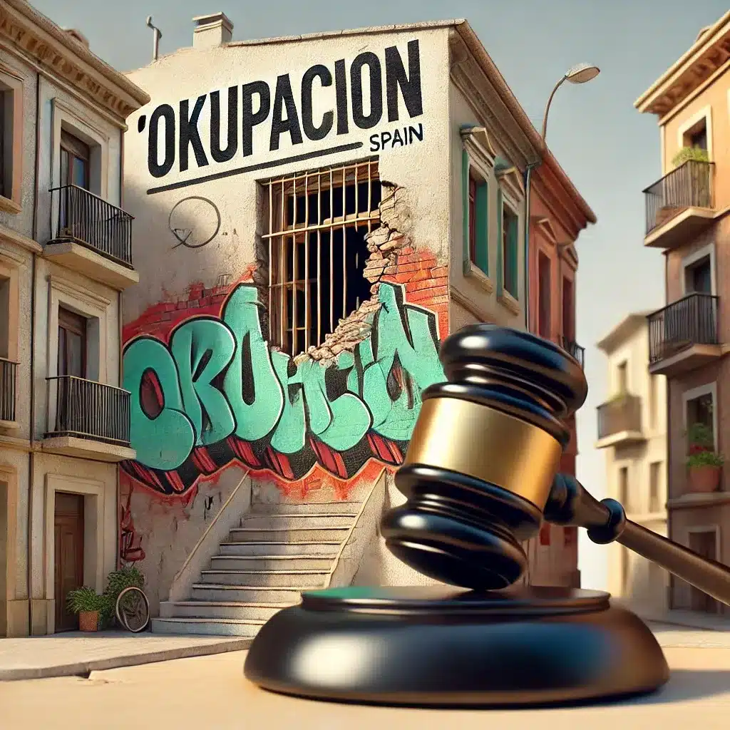 Okupación en España: graffiti con la palabra 'Okupación', barreras improvisadas y un mazo legal representando el conflicto entre propiedad y derechos sociales.