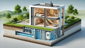 Ilustración hiperrealista en corte 3D de una casa moderna con un sistema de energía geotérmica conectado al núcleo de la Tierra. Se muestran tuberías subterráneas extendiéndose hasta el centro del planeta, donde el calor del magma genera energía renovable.